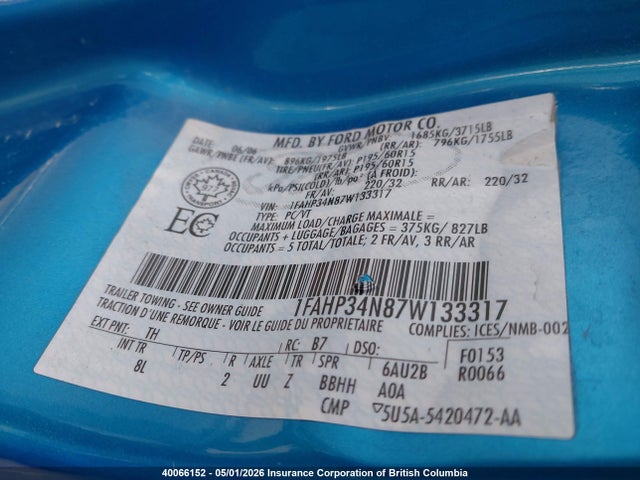 40066152 :رقم المزاد ، 1FAHP34N87W133317 vin ، 2007 Ford Focus مزاد بيع