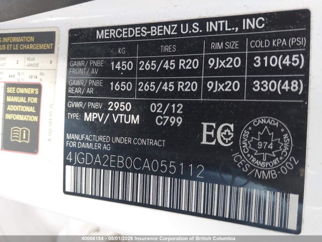 Aukcja sprzedaży 2012 Mercedes-benz Ml 350 Bluetec, vin: 4JGDA2EB0CA055112, numer aukcji: 40066154