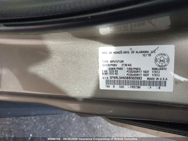 Aukcja sprzedaży 2011 Honda Odyssey Exl, vin: 5FNRL5H65BB502883, numer aukcji: 40066158