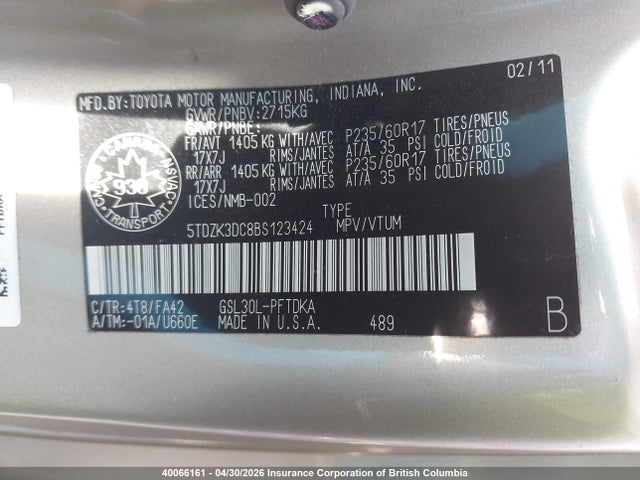 40066161 :رقم المزاد ، 5TDZK3DC8BS123424 vin ، 2011 Toyota Sienna مزاد بيع