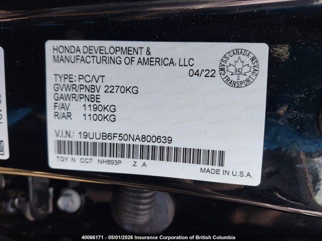 19UUB6F50NA800639 Acura TLX