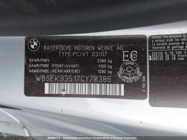 Aukcja sprzedaży 2007 Bmw M6, vin: WBSEK93517CY78386, numer aukcji: 40066174