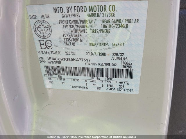 2009 Ford Escape Xlt მანქანა იყიდება აუქციონზე, vin: 1FMCU93G89KA77517, აუქციონის ნომერი: 40066175