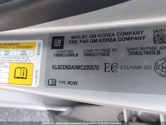 2021 Chevrolet Spark მანქანა იყიდება აუქციონზე, vin: KL8CD6SA0MC220570, აუქციონის ნომერი: 40066178