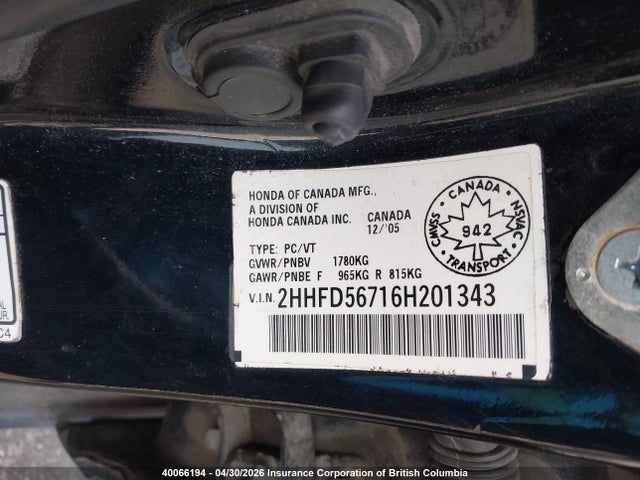 Aukcja sprzedaży 2006 Acura Csx, vin: 2HHFD56716H201343, numer aukcji: 40066194