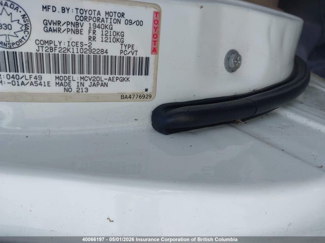 40066197 :رقم المزاد ، JT2BF22K110292284 vin ، 2001 Toyota Camry مزاد بيع