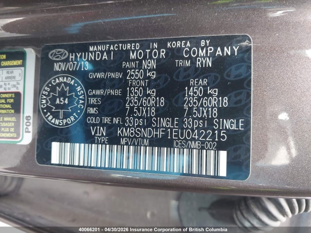 Продаж на аукціоні авто 2014 Hyundai Santa Fe Gls, vin: KM8SNDHF1EU042215, номер лоту: 40066201