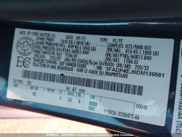 40066216 :رقم المزاد ، 3FADP4EJ6DM139581 vin ، 2013 Ford Fiesta Se مزاد بيع