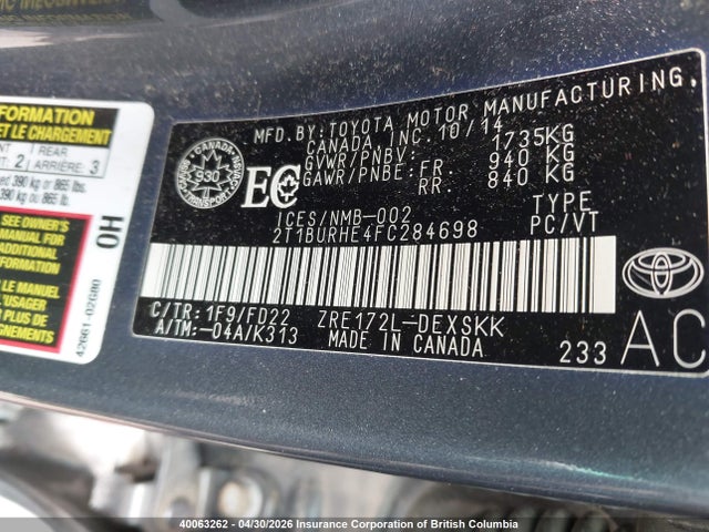 2015 Toyota Corolla L/le/le Pls/prm/s/s Pls მანქანა იყიდება აუქციონზე, vin: 2T1BURHE4FC284698, აუქციონის ნომერი: 40063262