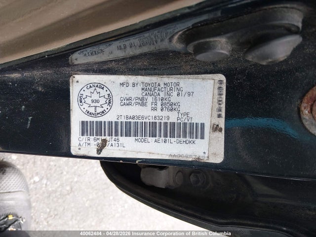 1997 Toyota Corolla Dx მანქანა იყიდება აუქციონზე, vin: 2T1BA03E6VC183219, აუქციონის ნომერი: 40062484