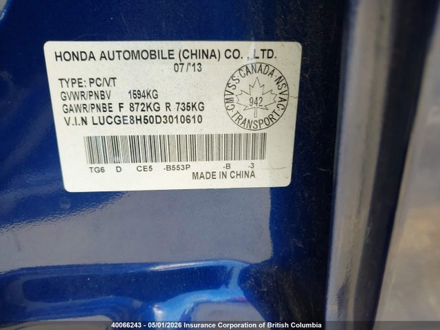 Продажа на аукционе авто 2013 Honda Fit, vin: LUCGE8H50D3010610, номер лота: 40066243
