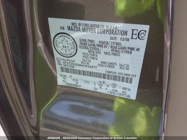 Aukcja sprzedaży 2006 Mazda Tribute Gx I4/gx V6, vin: 4F2YZ02Z66KM34277, numer aukcji: 40066248