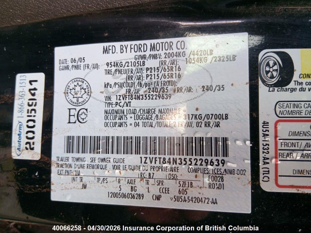 Продаж на аукціоні авто 2005 Ford Mustang, vin: 1ZVFT84N355229639, номер лоту: 40066258