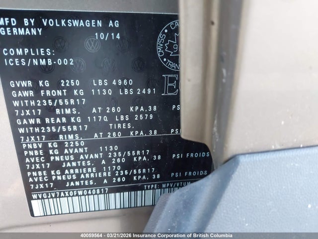WVGJV7AX0FW040817 Volkswagen Tiguan S/se/sel/r-line