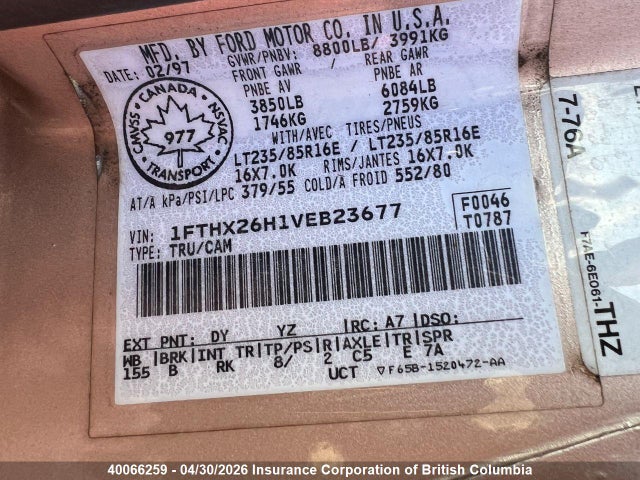 40066259 :رقم المزاد ، 1FTHX26H1VEB23677 vin ، 1997 Ford F250 مزاد بيع