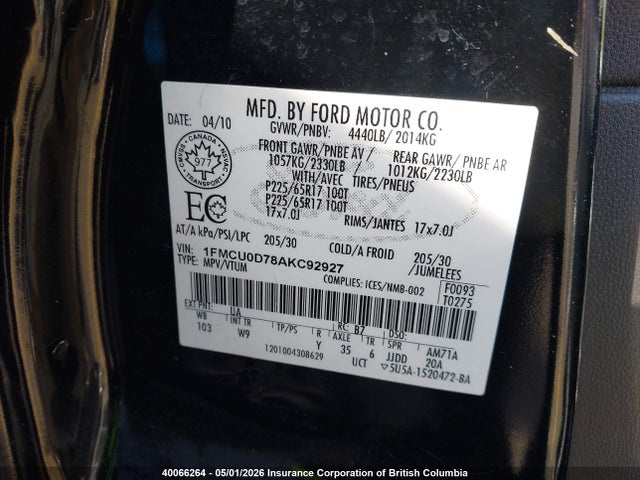 2010 Ford Escape Xlt მანქანა იყიდება აუქციონზე, vin: 1FMCU0D78AKC92927, აუქციონის ნომერი: 40066264