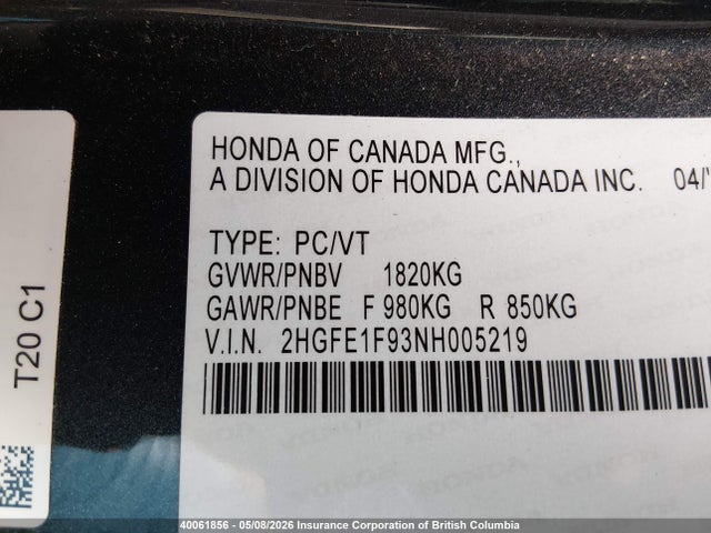 Продажа на аукционе авто 2022 Honda Civic Touring, vin: 2HGFE1F93NH005219, номер лота: 40061856