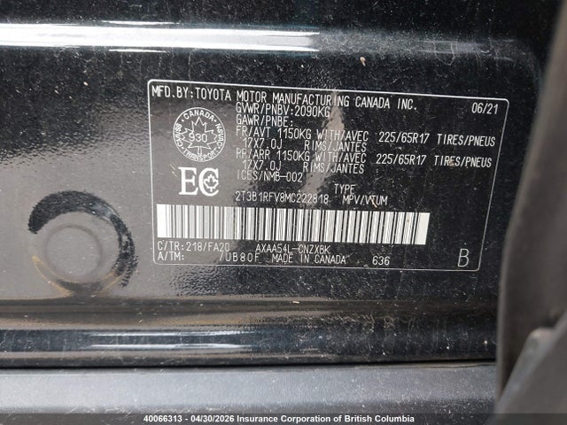 40066313 :رقم المزاد ، 2T3B1RFV8MC222818 vin ، 2021 Toyota Rav4 مزاد بيع