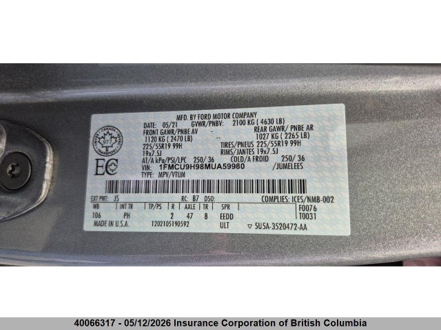 Продажа на аукционе авто 2021 Ford Escape Sel, vin: 1FMCU9H98MUA59980, номер лота: 40066317