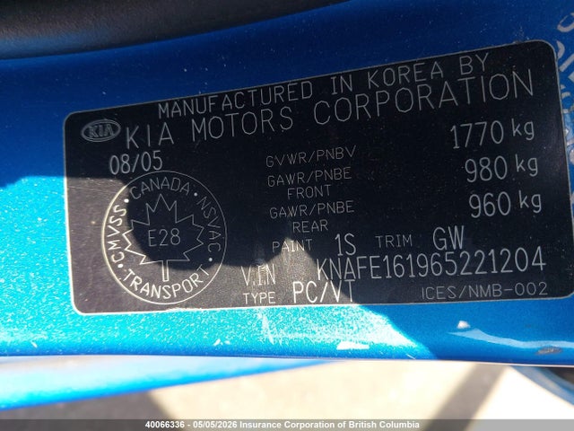 Продажа на аукционе авто 2006 Kia Spectra5, vin: KNAFE161965221204, номер лота: 40066336