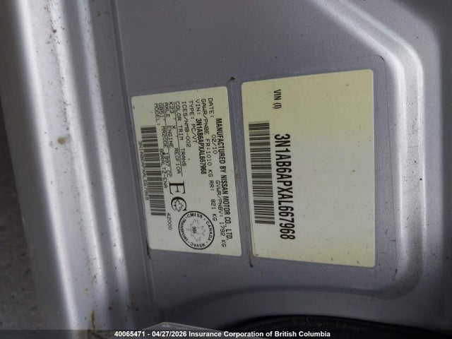 2010 Nissan Sentra 2.0/2.0s/sr/2.0sl მანქანა იყიდება აუქციონზე, vin: 3N1AB6APXAL667968, აუქციონის ნომერი: 40065471
