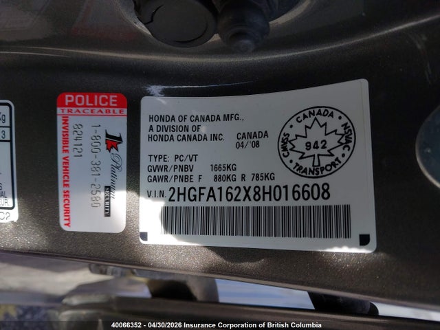2008 Honda Civic მანქანა იყიდება აუქციონზე, vin: 2HGFA162X8H016608, აუქციონის ნომერი: 40066352