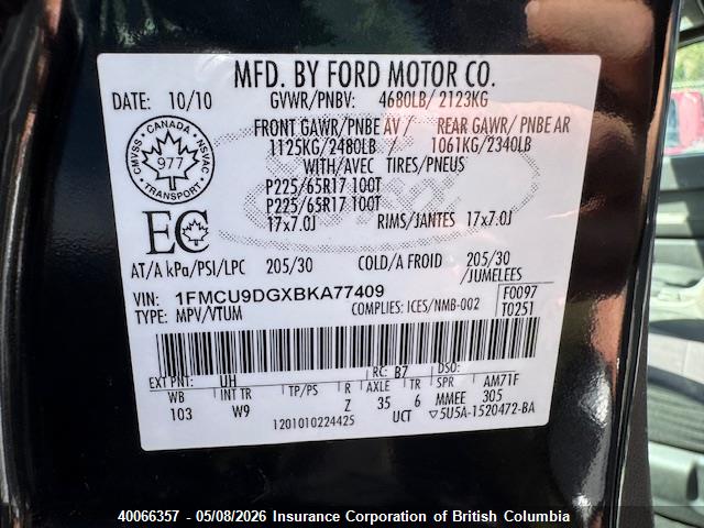 Aukcja sprzedaży 2011 Ford Escape Xlt, vin: 1FMCU9DGXBKA77409, numer aukcji: 40066357