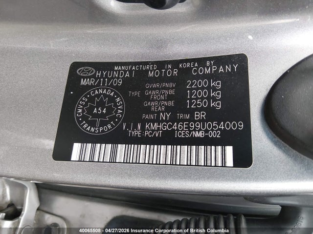 40065508 :رقم المزاد ، KMHGC46E99U054009 vin ، 2009 Hyundai Genesis 3.8l مزاد بيع