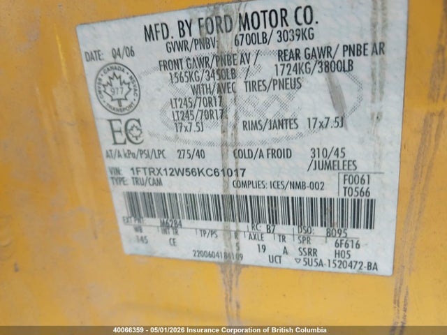 40066359 :رقم المزاد ، 1FTRX12W56KC61017 vin ، 2006 Ford F150 مزاد بيع