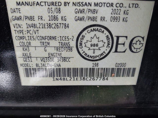 Aukcja sprzedaży 2008 Nissan Altima 3.5 Sl, vin: 1N4BL21E38C267784, numer aukcji: 40066361