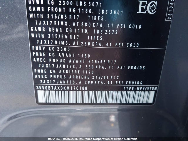 3VV0B7AX3KM170188 Volkswagen TIGUAN S