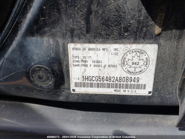 Продаж на аукціоні авто 2002 Honda Accord Lx, vin: 1HGCG56482A808949, номер лоту: 40066373