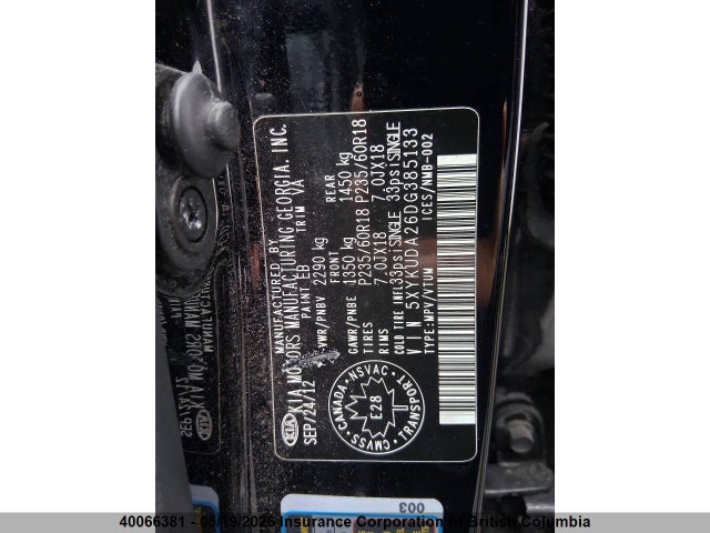 40066381 :رقم المزاد ، 5XYKUDA26DG385133 vin ، 2013 Kia Sorento Ex مزاد بيع
