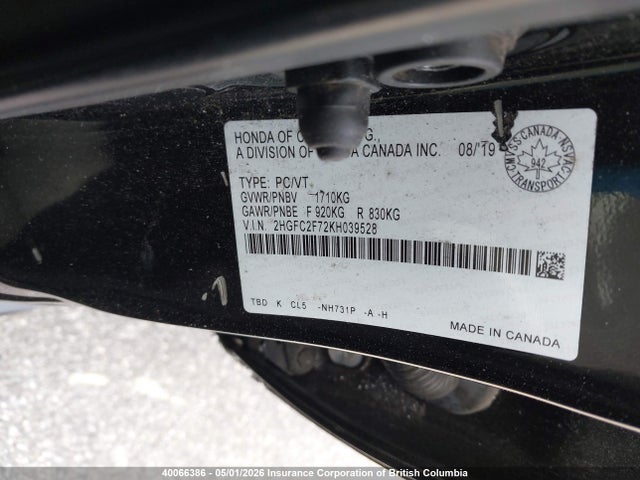 Продаж на аукціоні авто 2019 Honda Civic, vin: 2HGFC2F72KH039528, номер лоту: 40066386