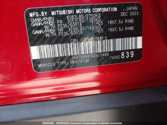 40066399 :رقم المزاد ، JA4T5VA97RZ613468 vin ، 2024 Mitsubishi Outlander Se/ralliart مزاد بيع