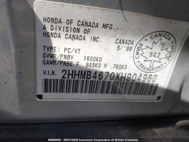 Aukcja sprzedaży 1999 Acura 1.6el, vin: 2HHMB4670XH904960, numer aukcji: 40066408