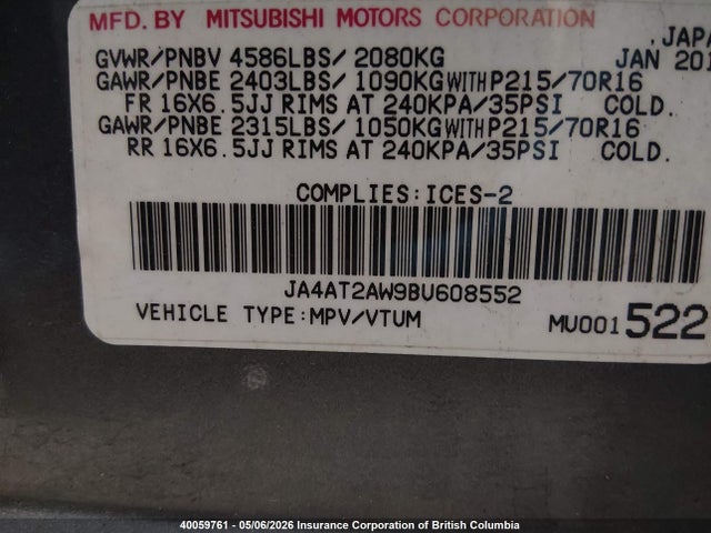 Продаж на аукціоні авто 2011 Mitsubishi Outlander Es, vin: JA4AT2AW9BU608552, номер лоту: 40059761