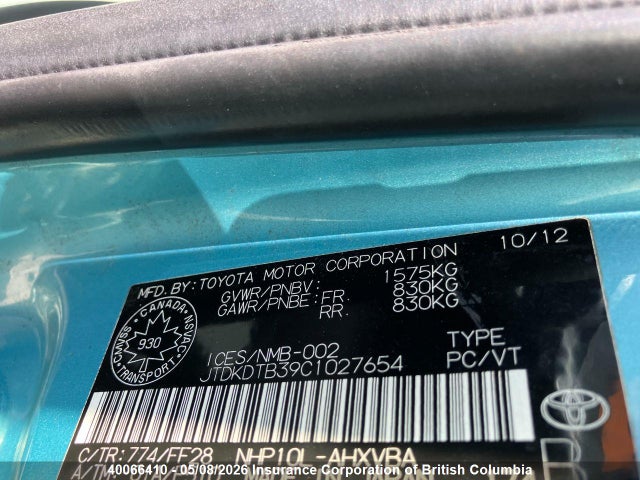 40066410 :رقم المزاد ، JTDKDTB39C1027654 vin ، 2012 Toyota Prius مزاد بيع