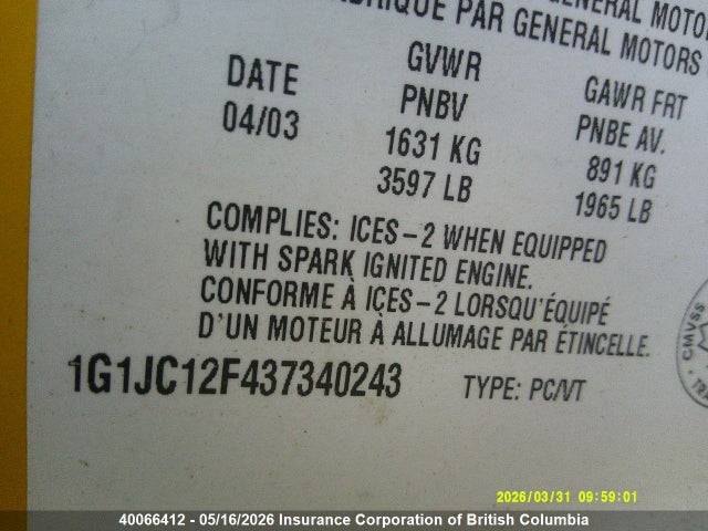 2003 Chevrolet Cavalier მანქანა იყიდება აუქციონზე, vin: 1G1JC12F437340243, აუქციონის ნომერი: 40066412