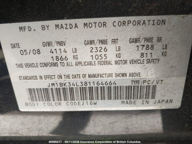 Aukcja sprzedaży 2008 Mazda Mazdaspeed3, vin: JM1BK34L381164664, numer aukcji: 40066417