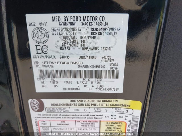 Продажа на аукционе авто 2011 Ford F150, vin: 1FTFW1ET4BKE04900, номер лота: 40066418