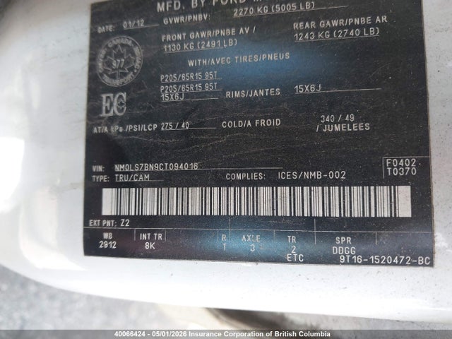40066424 :رقم المزاد ، NM0LS7BN9CT094016 vin ، 2012 Ford Transit Connect Xlt مزاد بيع