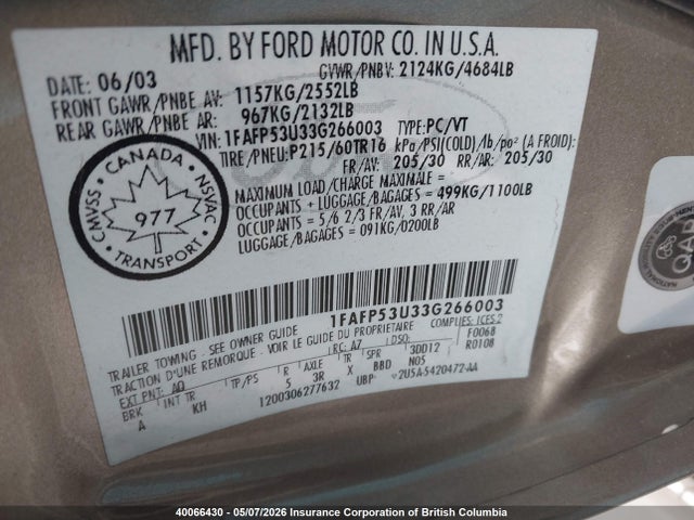 Продаж на аукціоні авто 2003 Ford Taurus Se, vin: 1FAFP53U33G266003, номер лоту: 40066430