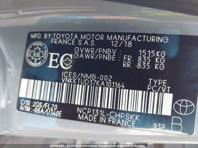 VNKKTUD37KA101164 Toyota Yaris