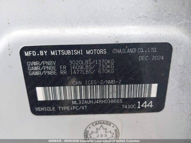 Продаж на аукціоні авто 2024 Mitsubishi Mirage Es/le, vin: ML32AUHJ4RH038665, номер лоту: 40066435
