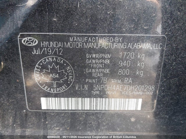 2013 Hyundai Elantra Gls/limited მანქანა იყიდება აუქციონზე, vin: 5NPDH4AE7DH201298, აუქციონის ნომერი: 40066438