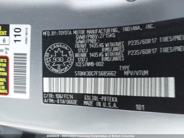 2015 Toyota Sienna Le 8 Passenger მანქანა იყიდება აუქციონზე, vin: 5TDKK3DC7FS685662, აუქციონის ნომერი: 40066439