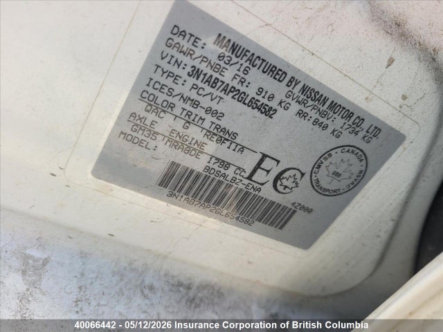40066442 :رقم المزاد ، 3N1AB7AP2GL654582 vin ، 2016 Nissan Sentra S/sv/sr/sl مزاد بيع