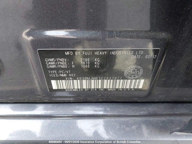 Aukcja sprzedaży 2012 Subaru Legacy 3.6r Limited, vin: 4S3BMJM61C2031977, numer aukcji: 40066454