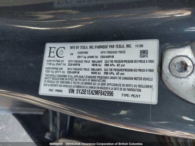 Aukcja sprzedaży 2021 Tesla Model 3, vin: 5YJ3E1EA2MF842996, numer aukcji: 40066455